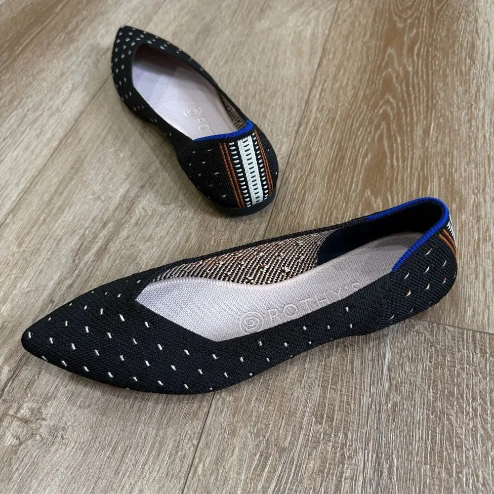 Rothy's RETIRED The Point Ivory Polka Dot Black Knit Ballet Flats Shoes Size 7